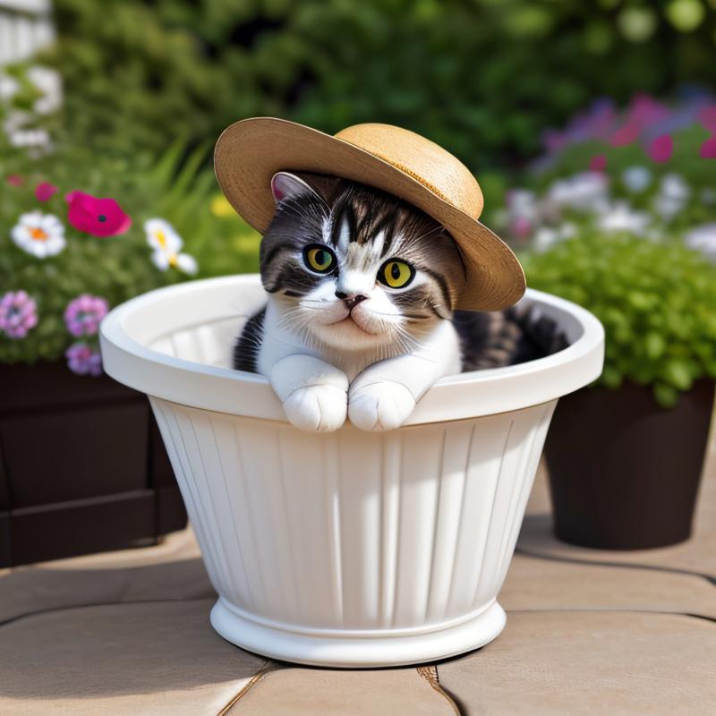 00192-736305562-masterpiece, intricate photo, cute scottish fold kittens wearing panama hat, sitting in a flower pot in the garden, detailed cat.jpg